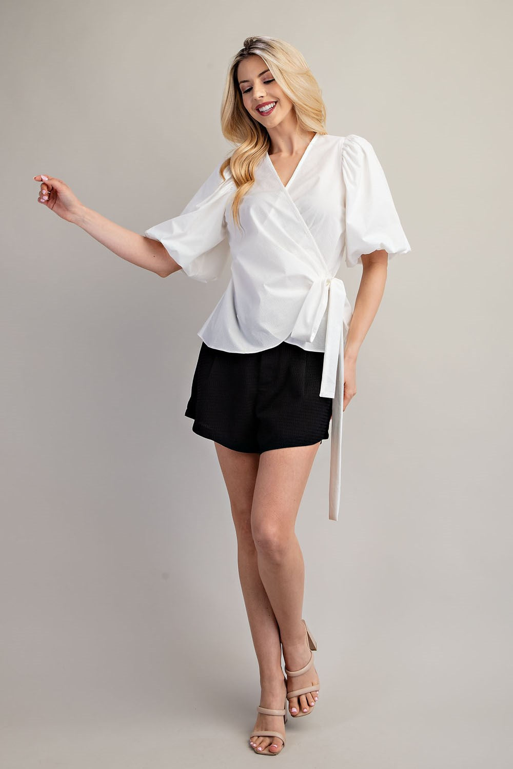 Surplice Neck Balloon Sleeve Wrap Blouse White – Amanda Jean NYC