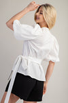 Surplice Neck Balloon Sleeve Wrap Blouse White