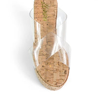 Mio Clear Strap Cork Platform Wedge Slide Sandals