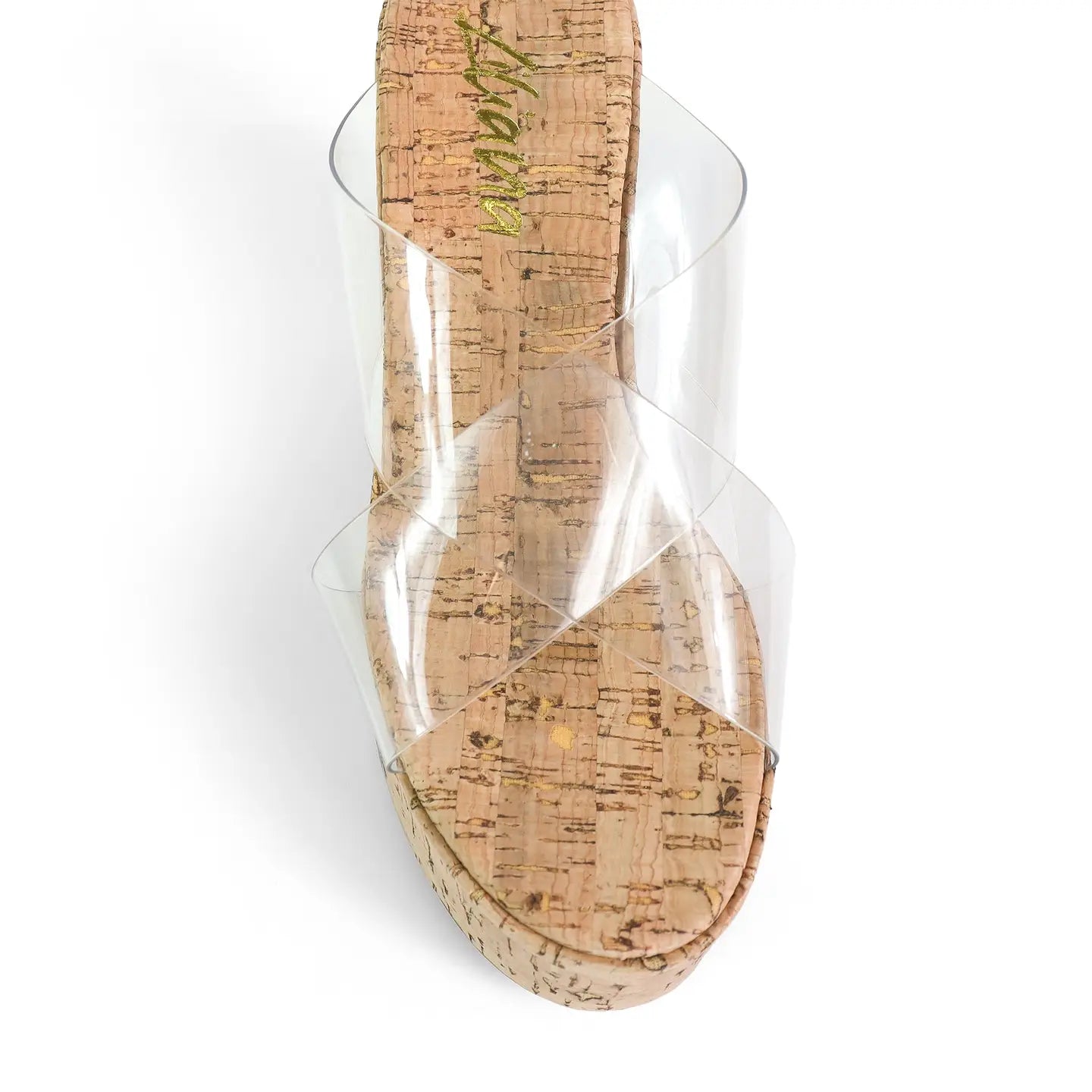 Mio Clear Strap Cork Platform Wedge Slide Sandals