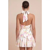 Floral Halter Mini Dress with Open Back and Gold Belt Detail
