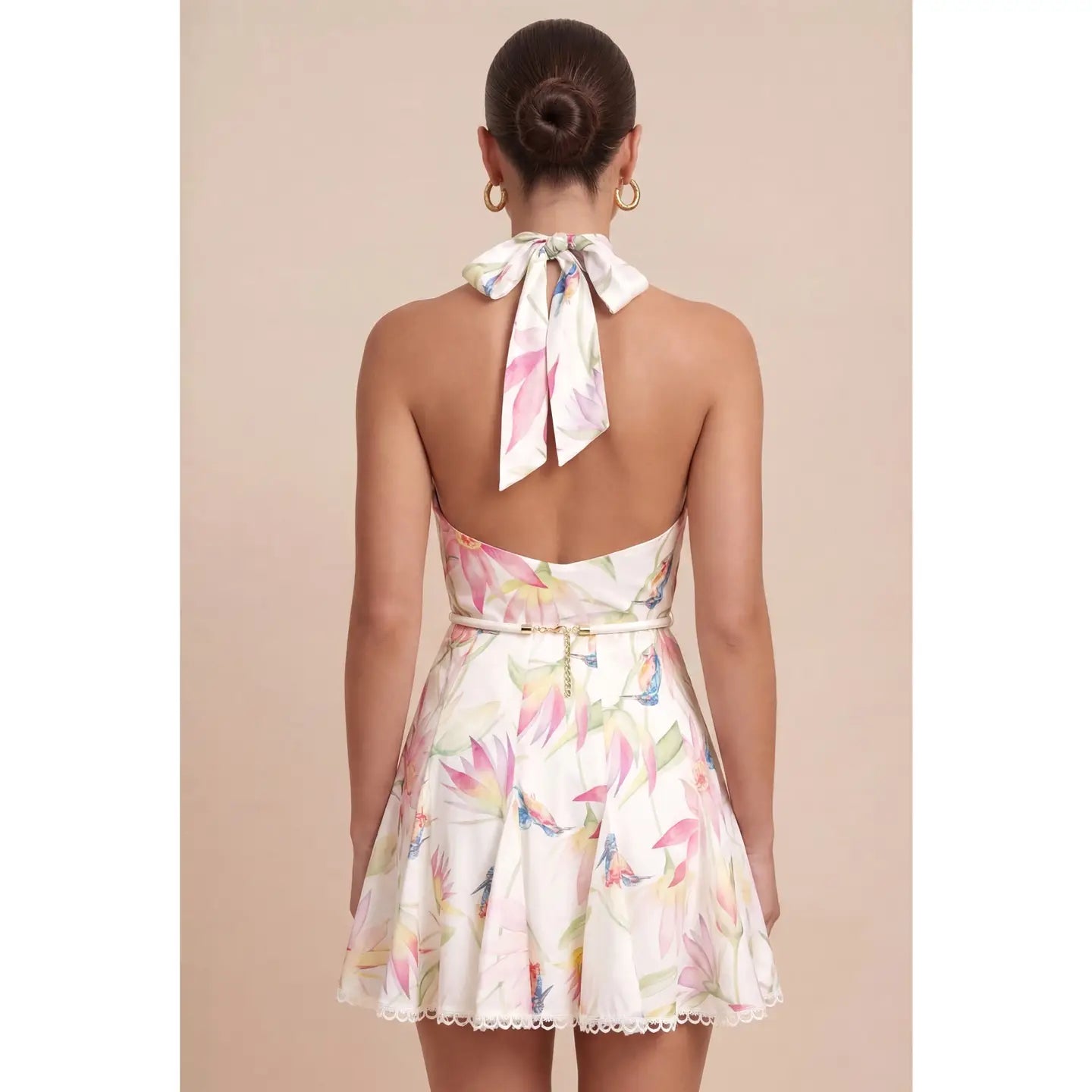 Floral Halter Mini Dress with Open Back and Gold Belt Detail