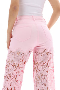 Pink Wide Leg Jeans with Sheer Floral Lace Panels