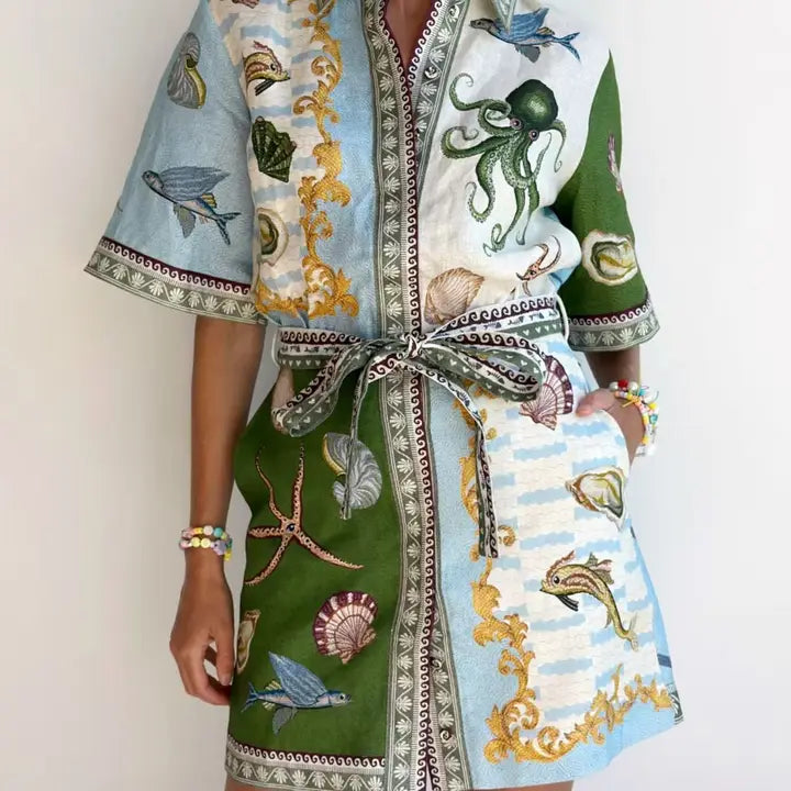 Ocean Print Belted Short Sleeve Mini Shirt Dress