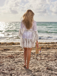 White Lace Bell Sleeve Beach Cover-Up Dress
