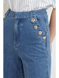 High-Waisted Flare Denim Jeans with Gold Button Detail