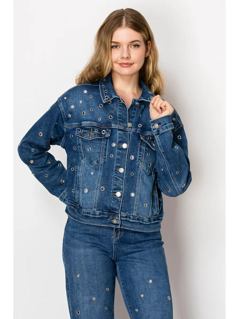 Eyelet Embellished Classic Denim Jacket