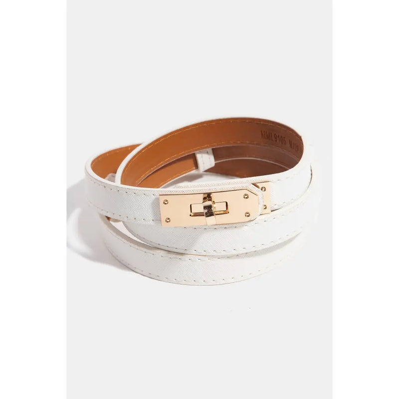 White Leather Wrap Belt with Gold Turn-Lock Buckle