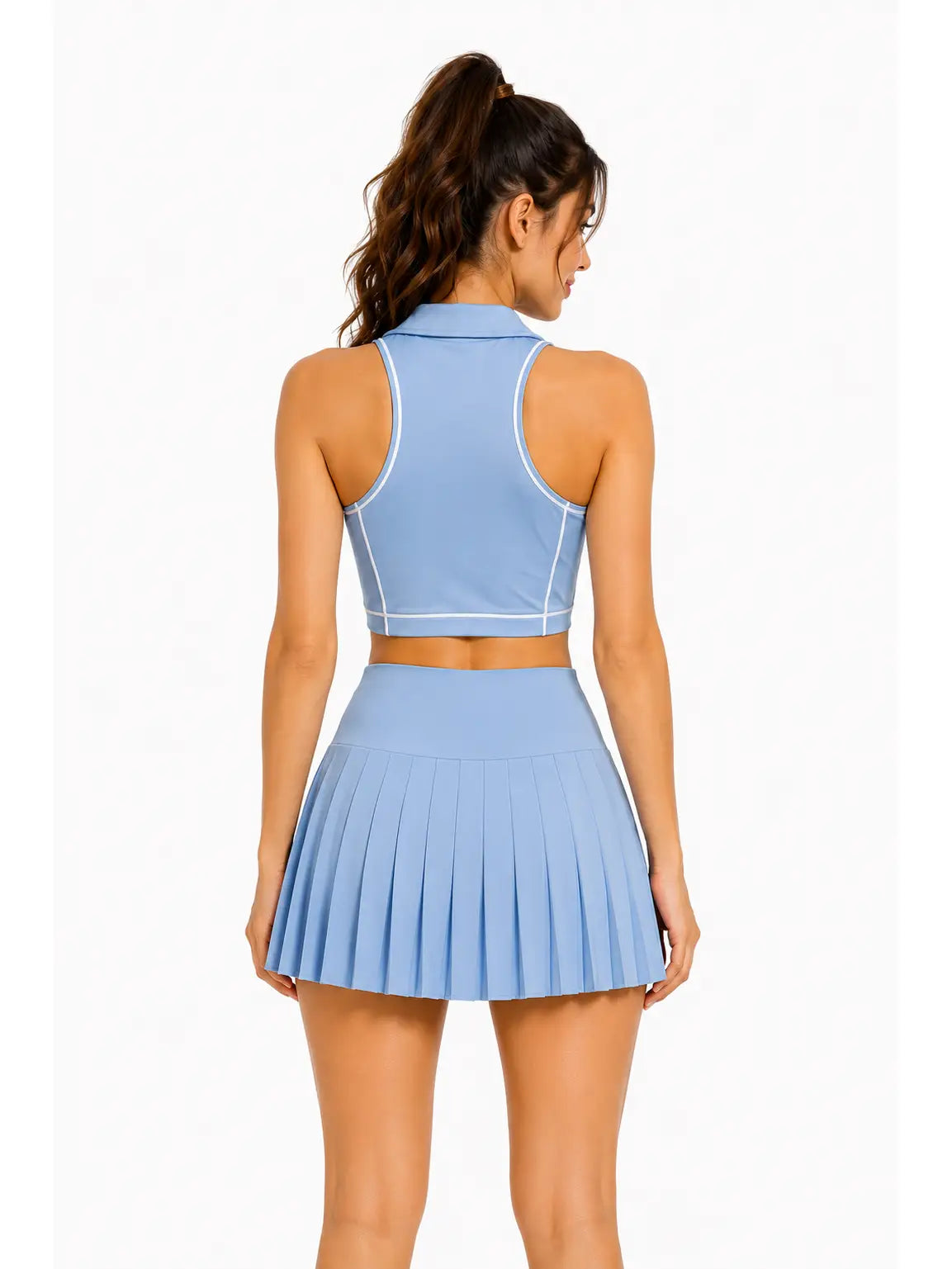 Blue Pleated Active Skirt and Collared Sports Bra Set