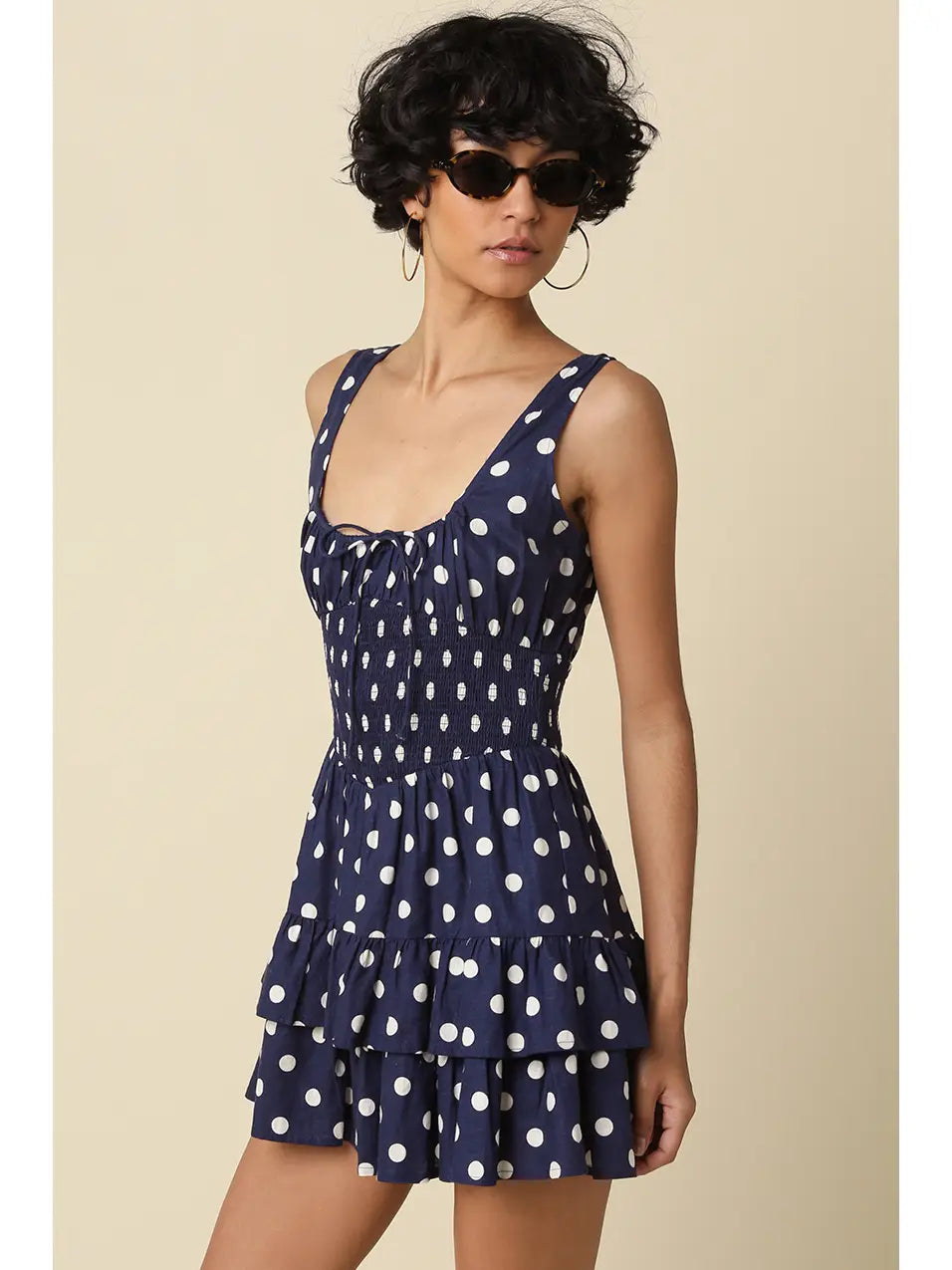 Polka Dot Tiered Romper with Smocked Bodice and Ruffle Skirt