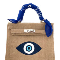 Evil Eye Burlap Top Handle Bag with Scarf Wrap and Crossbody Strap