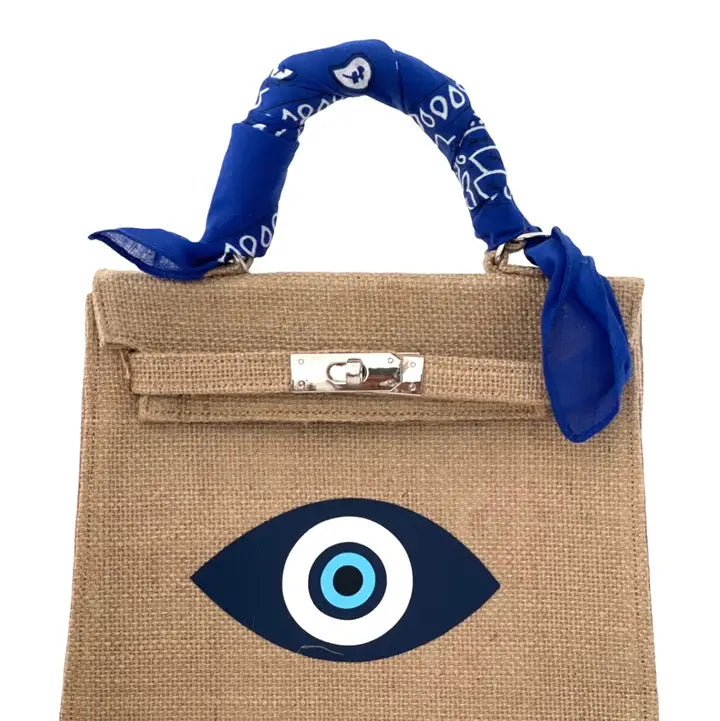 Evil Eye Burlap Top Handle Bag with Scarf Wrap and Crossbody Strap
