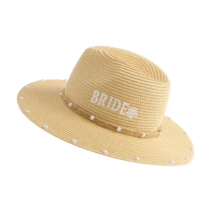 Bride Pearl Embellished Wide Brim Straw Hat with Shell Detail