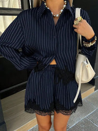 Pinstripe Button Down Shirt & Lace Trim Shorts Matching Set