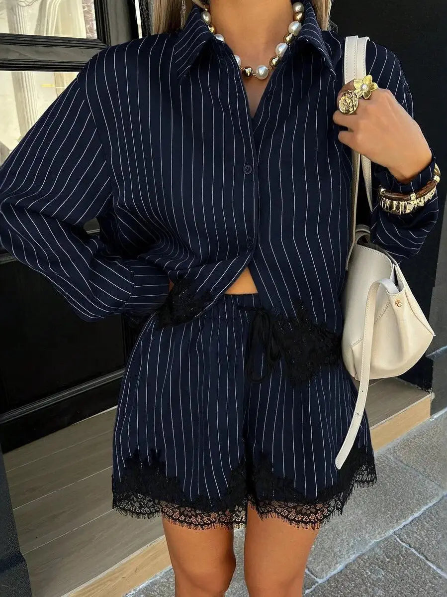 Pinstripe Button Down Shirt & Lace Trim Shorts Matching Set