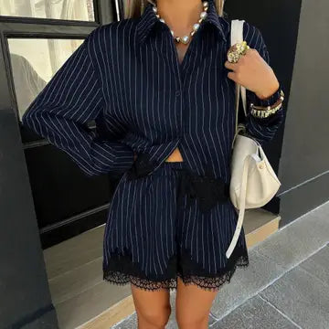 Pinstripe Button Down Shirt & Lace Trim Shorts Matching Set