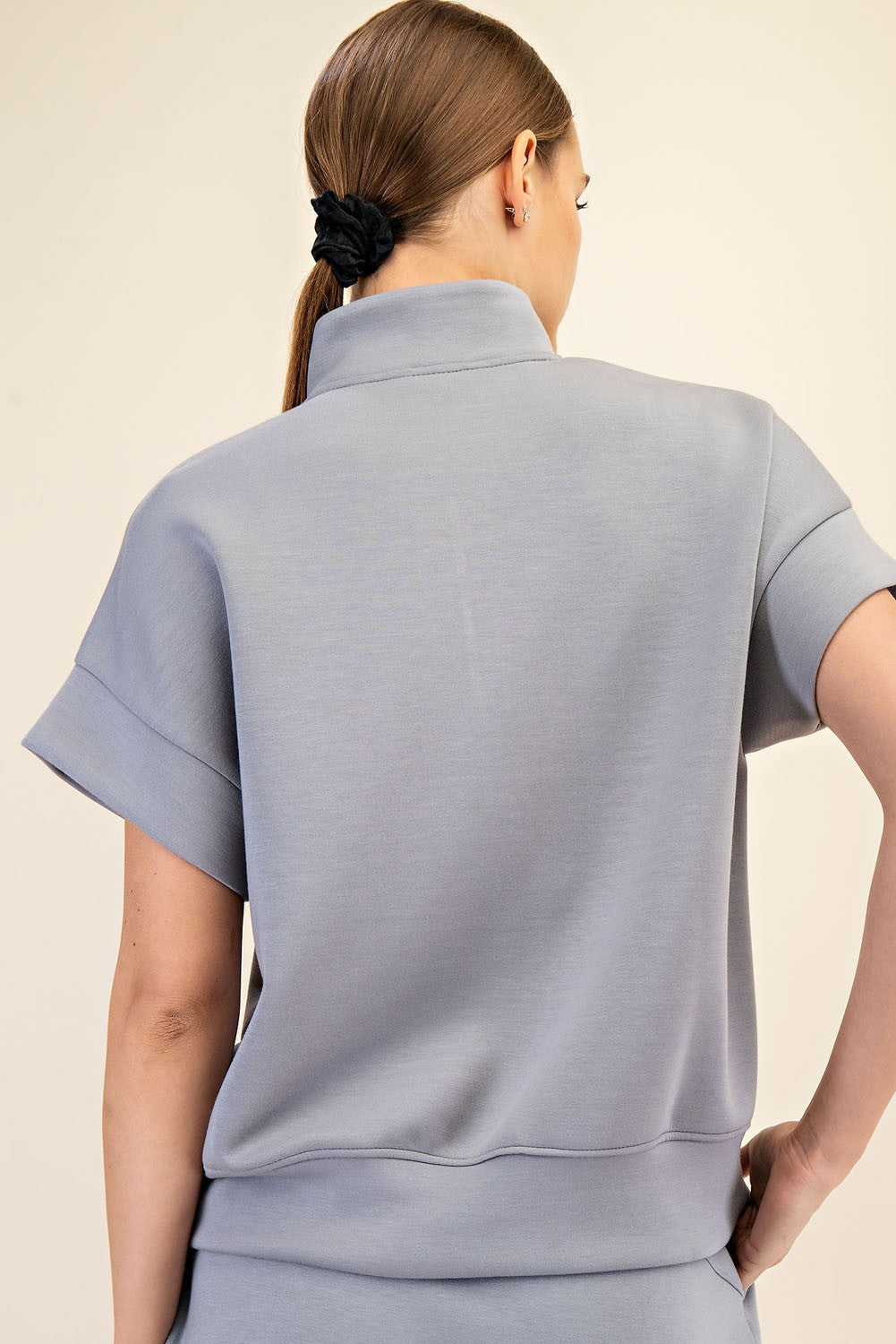 Gray Short Sleeve Quarter Zip Mock Neck Lounge Pullover