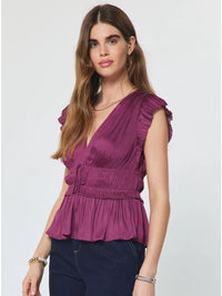 Berry Purple Pleated Flutter Sleeve Blouse with Drawstring Waist