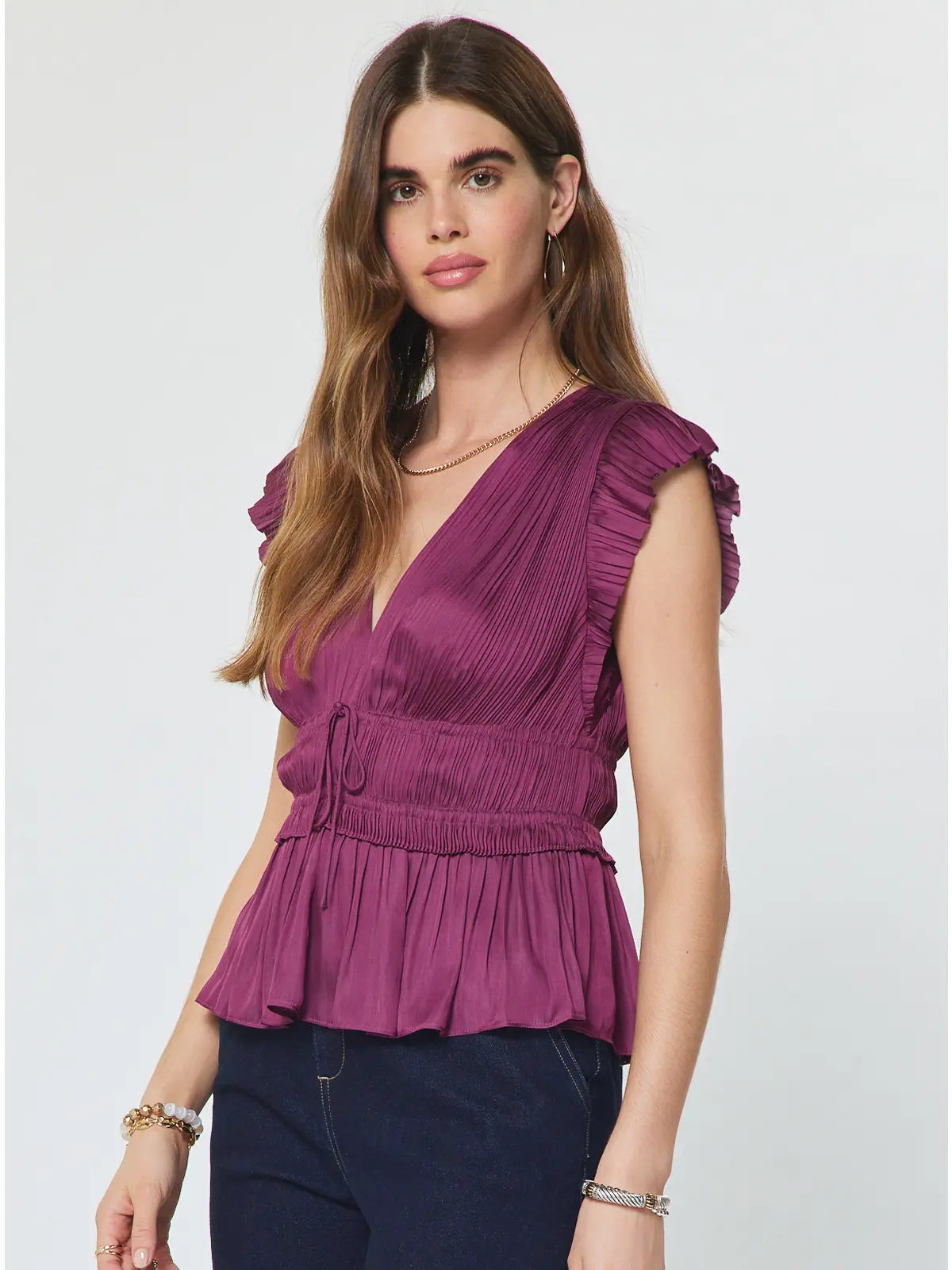 Berry Purple Pleated Flutter Sleeve Blouse with Drawstring Waist