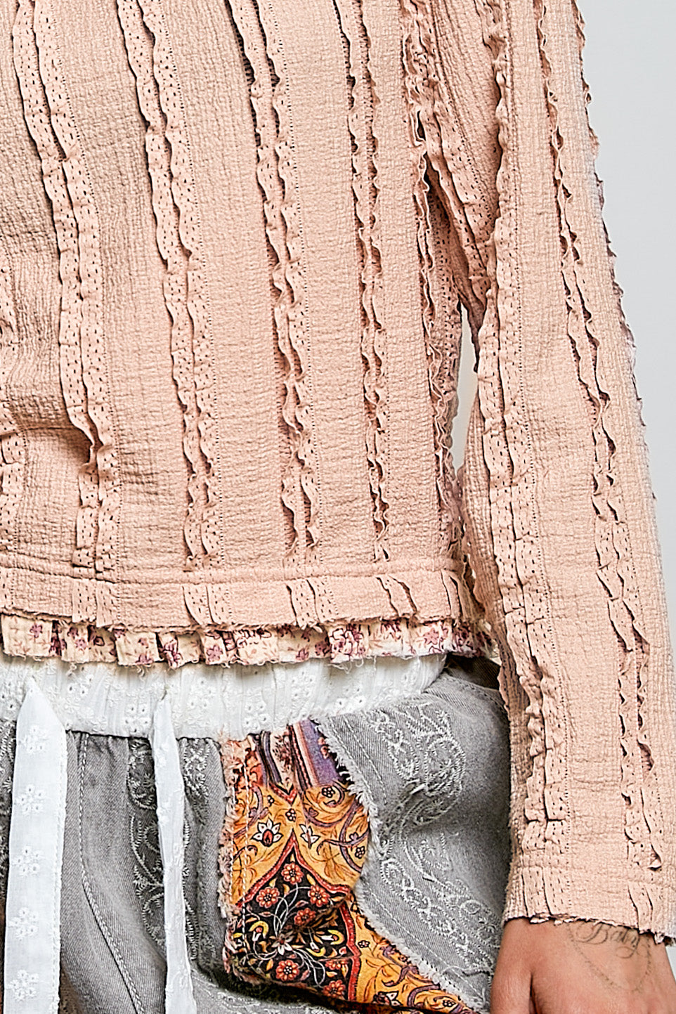 Textured Long Sleeve Knit Top with Lace Trim and Ruffle Hem