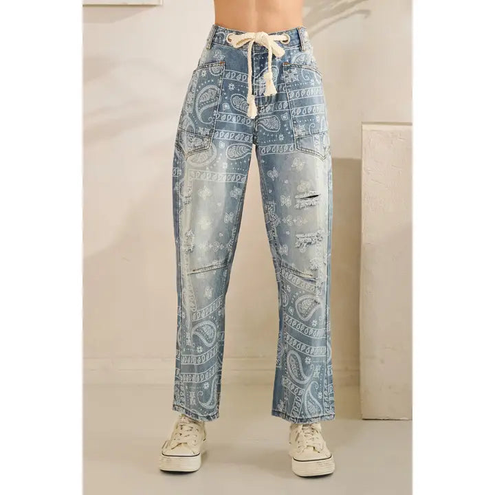 Light Wash Paisley Print Distressed Straight Leg Jeans