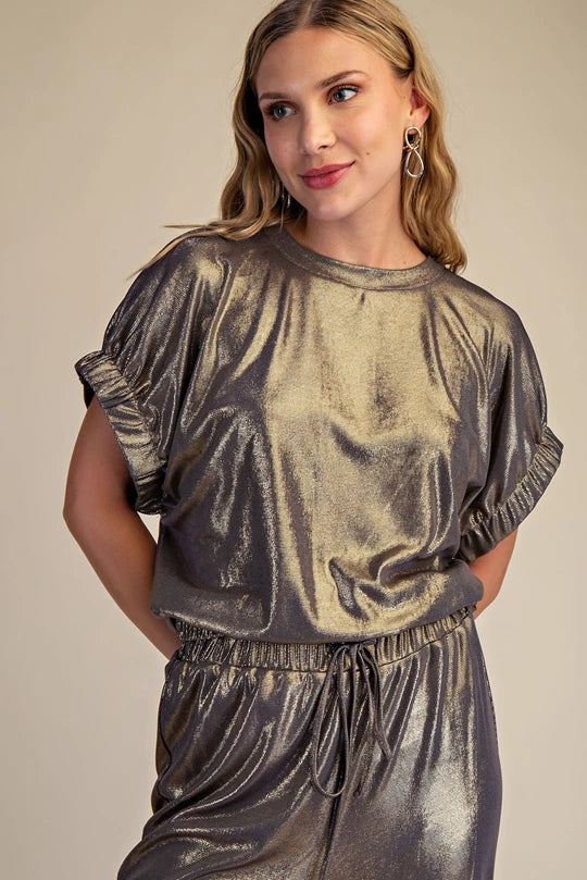 Metallic Gold Dolman Sleeve Top with Ruffle Detail