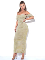 Gold Ruched Off Shoulder Chiffon Dress