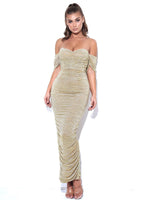 Gold Ruched Off Shoulder Chiffon Dress