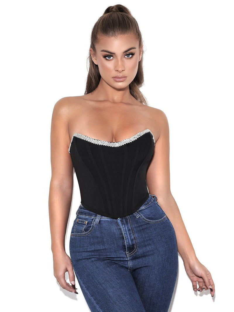 Black Corset Top With Crystal Trim