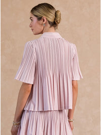 Pink Pleated Button Front Short Sleeve Collared Blouse