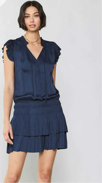 Navy Satin Ruffle Sleeve Tiered Mini Dress with Smocked Waist