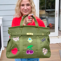 Embellished Canvas Tote Bag with Patches Oversized Statement Handbag