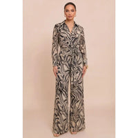 Marble Print Long Sleeve Wrap Jumpsuit with Waist Tie Belt