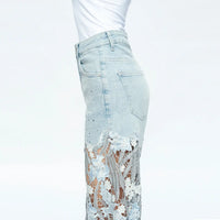Light Wash Wide Leg Jeans with Sheer Floral Lace Panels