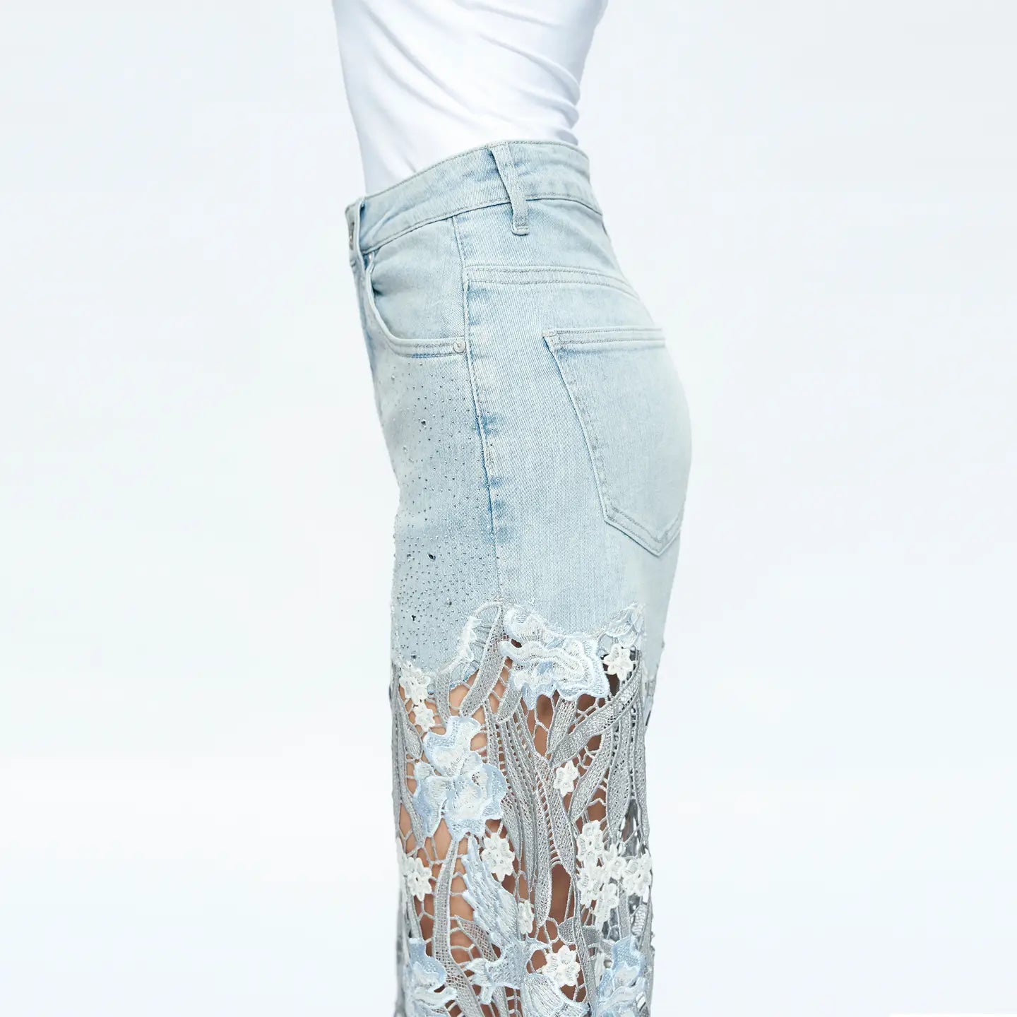 Light Wash Wide Leg Jeans with Sheer Floral Lace Panels
