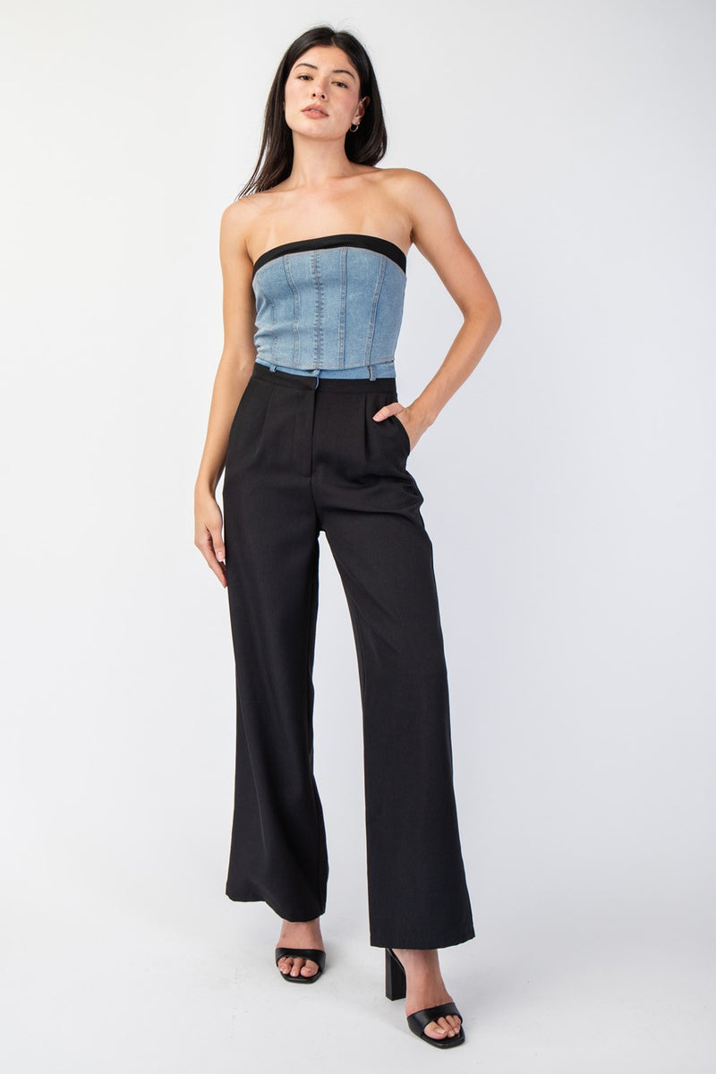 TAILORED TROUSERS WITH DENIM CONTRAST WAISTBAND