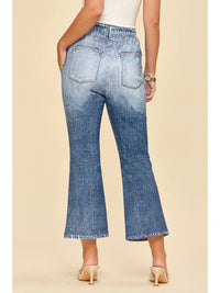 High Rise Elastic Waist Cropped Flare Jeans in Vintage Wash