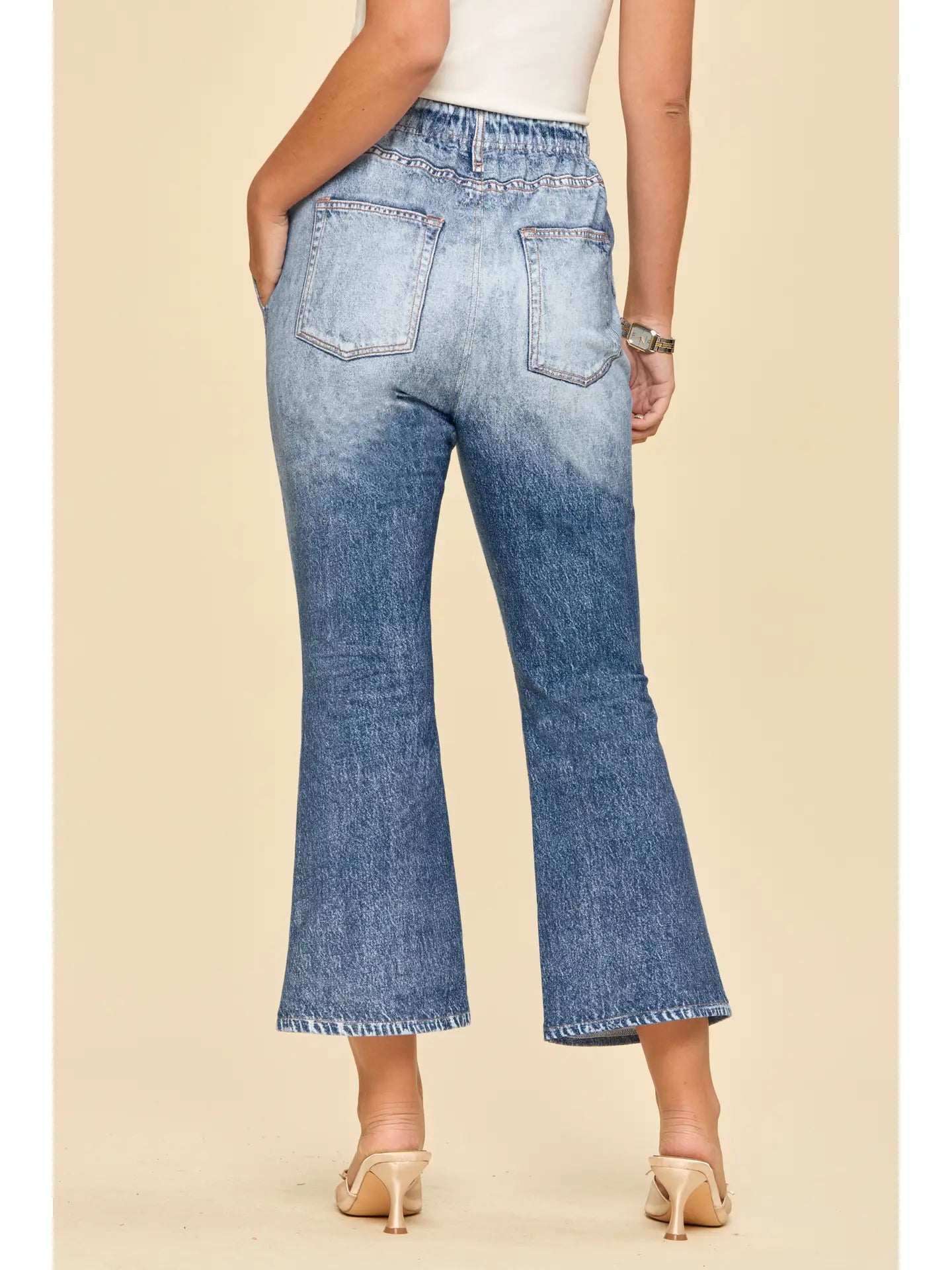 High Rise Elastic Waist Cropped Flare Jeans in Vintage Wash