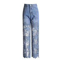 High-Waisted Denim Pants with Floral Lace Cutout Panels
