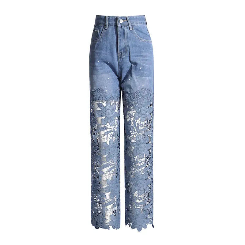 High-Waisted Denim Pants with Floral Lace Cutout Panels