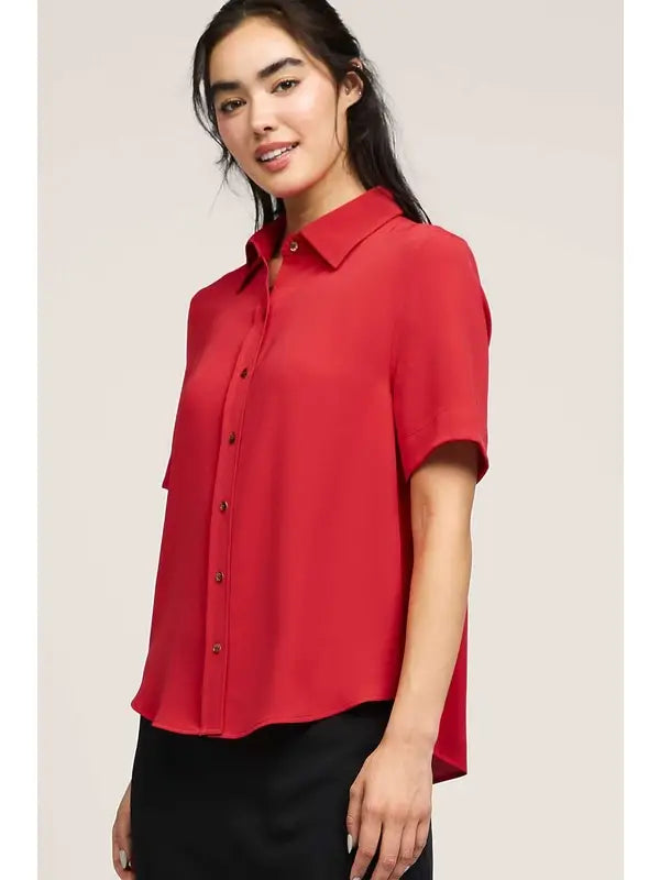 Red Button Front Short Sleeve Blouse