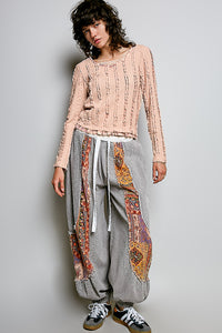 Textured Long Sleeve Knit Top with Lace Trim and Ruffle Hem