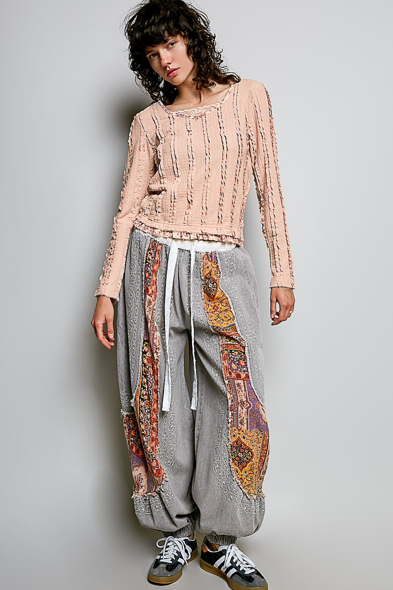 Textured Long Sleeve Knit Top with Lace Trim and Ruffle Hem