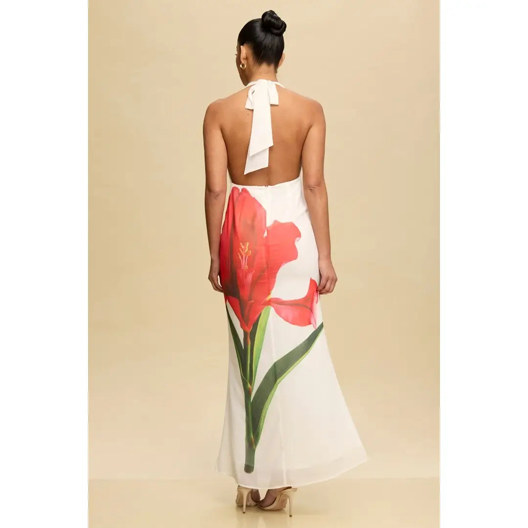 White Halter Neck Backless Maxi Dress with Red Floral Print