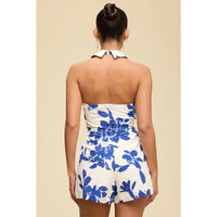 Blue Floral Halter Tie Front Cutout Romper