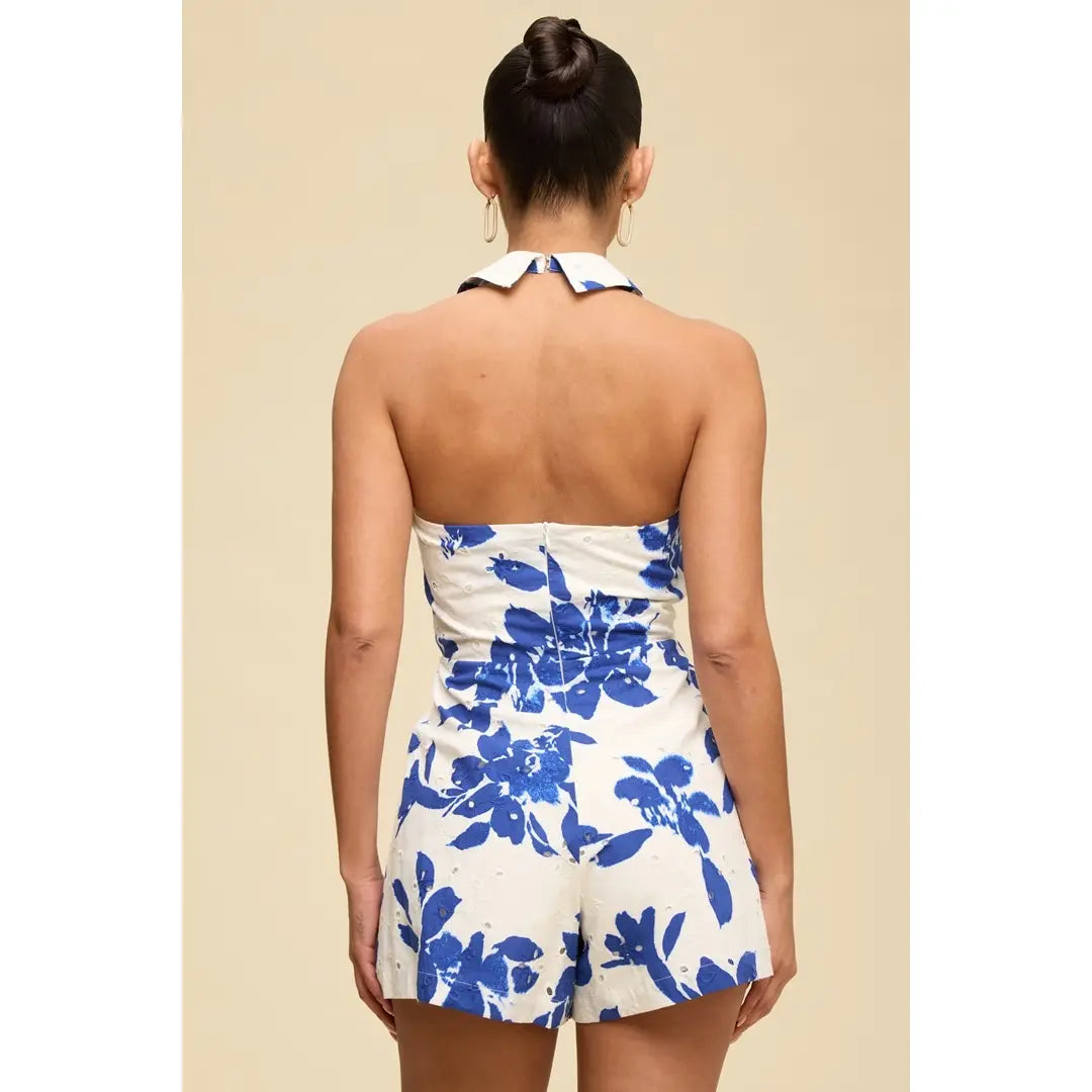 Blue Floral Halter Tie Front Cutout Romper