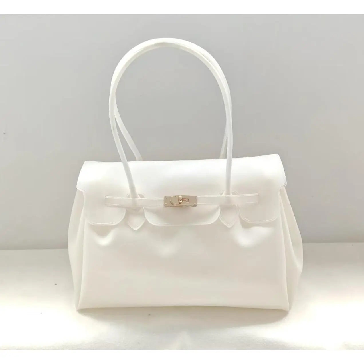 Bright Structured Top Handle Satchel with Gold Turn Lock Closure