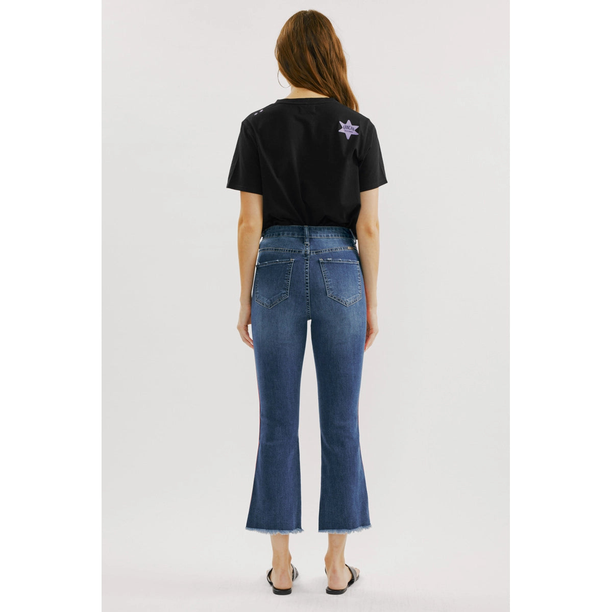 High Rise Cropped Flare Jeans with Contrast Side Stripe Detail