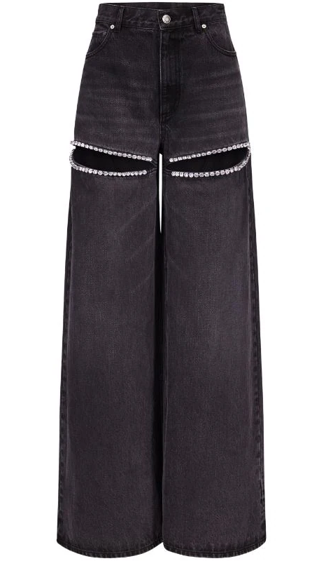 Denim Cut Out Front Rhinestone Studded Black