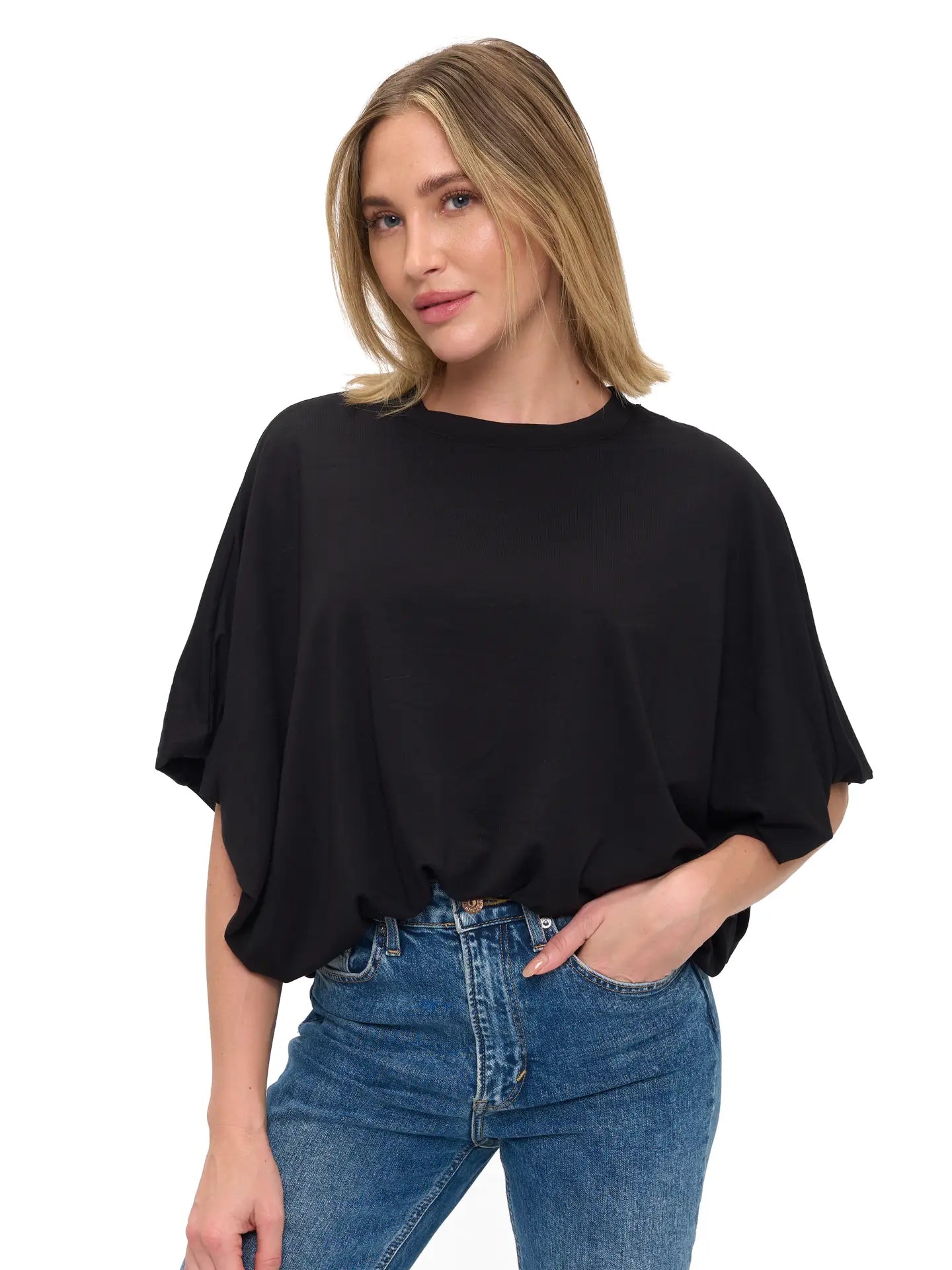 Black Relaxed Fit Short Sleeve Dolman Top